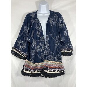 MINX & MOSS Navy Blue Boho Kimono Paisley Pom Pom Tassels size Small